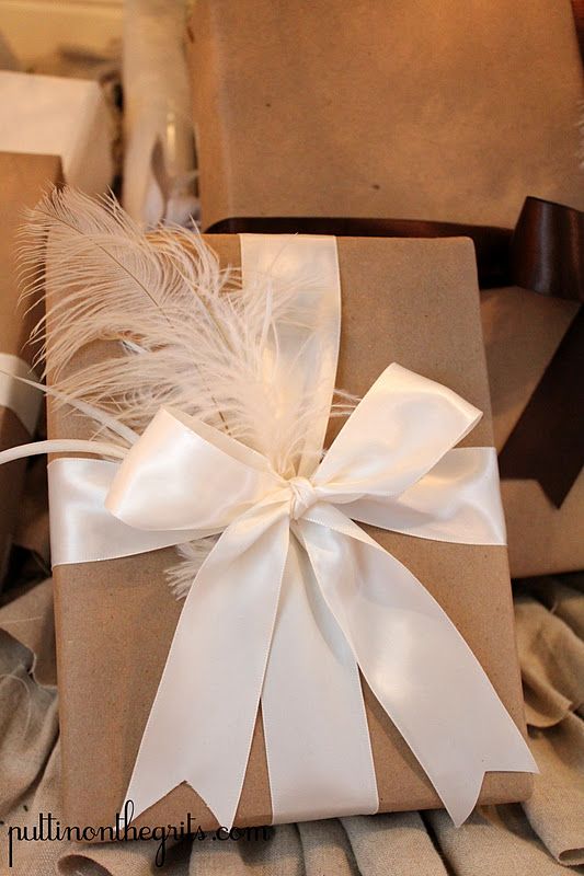 Pretty feathered gift wrap for a nice bridesmaid gift pack