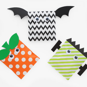 DIY Halloween goodie bags - pumpkin, bat, and frankenstein