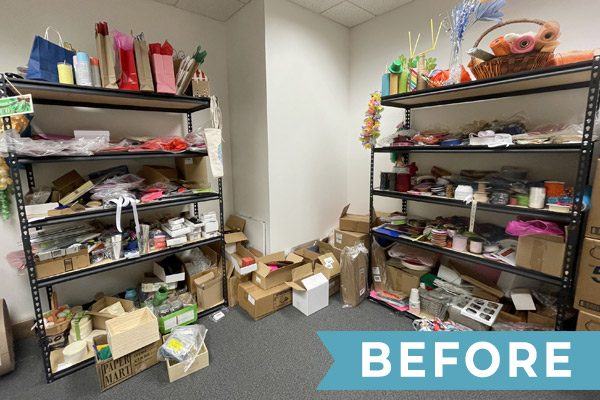 Before two sets of shelves are cluttered with supplies that overflow to the ground with no sense of organization