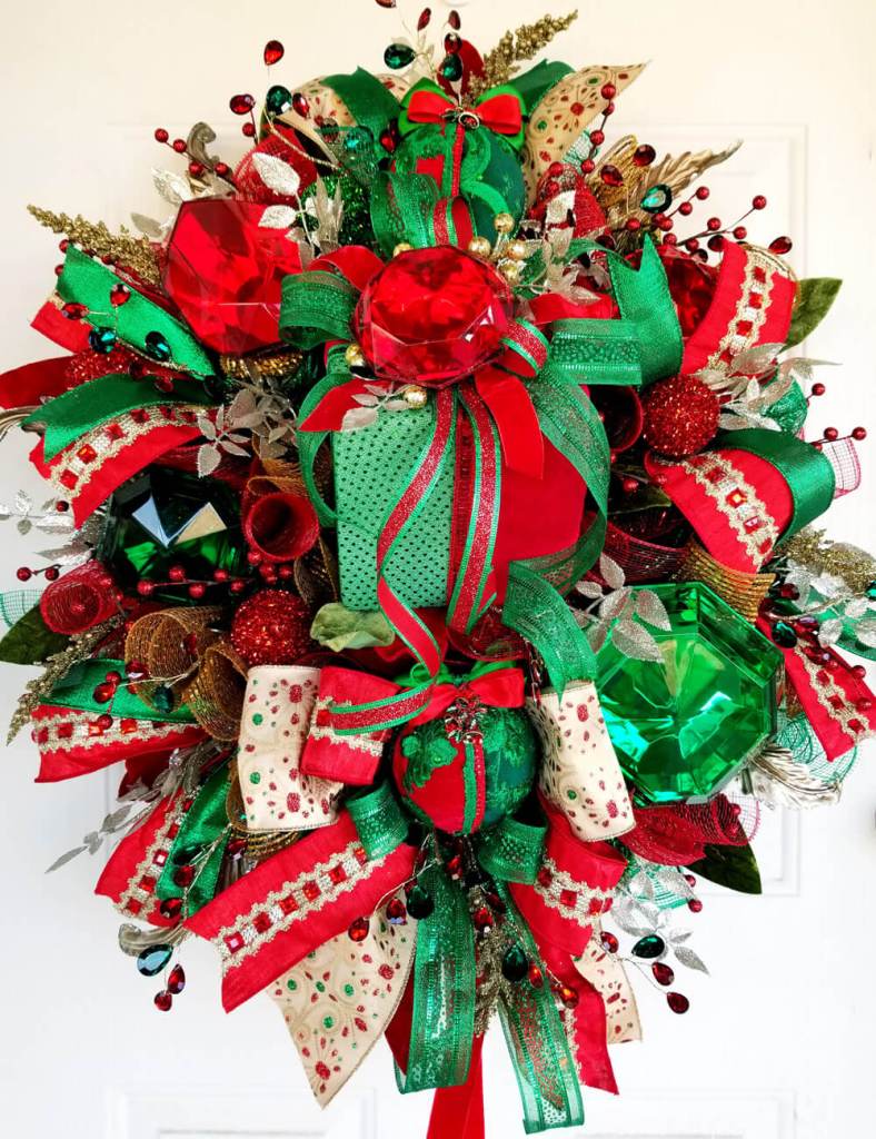ornate holiday wreath made with Paper Mart ribbons and embellishments