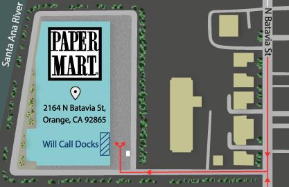 Map indicating location of Paper Mart Will Call with directional arrows 